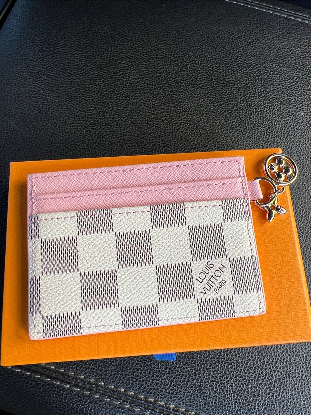Pink and White Damier Cardholder with Gold Charm